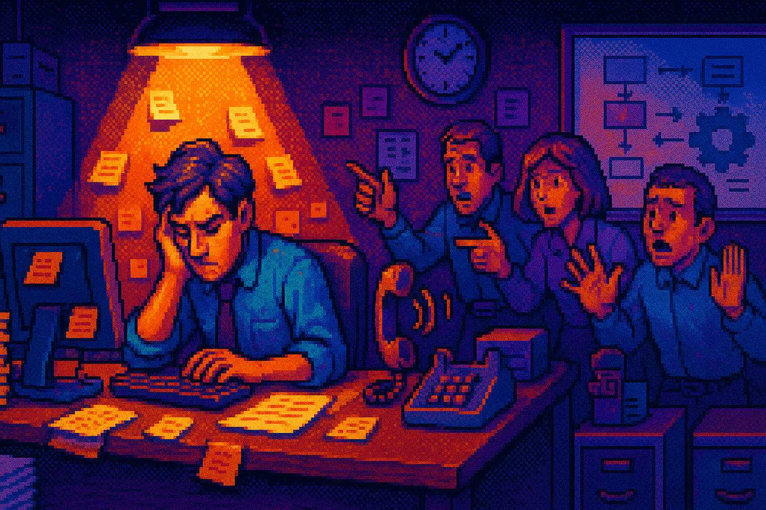 Illustration of employee holding together fragile business systems representing tribal knowledge risk